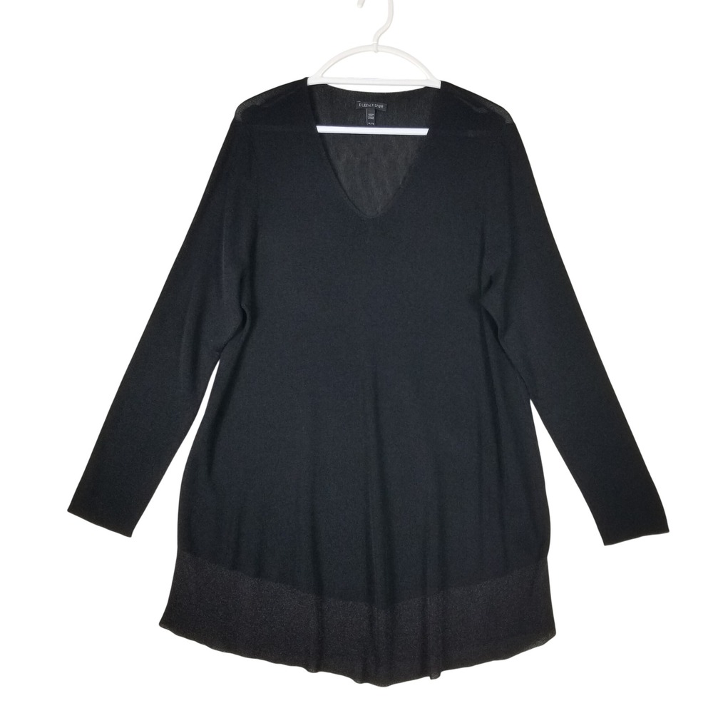 Eileen Fisher Tunic Sweater Women XL Black V-Neck Metallic Hem Knit